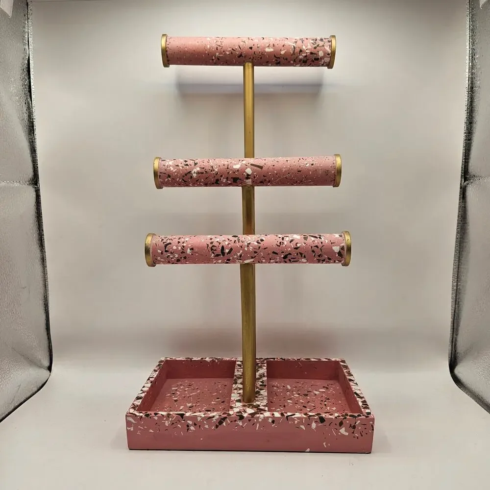 PINK TERRAZZO JEWELRY ORGANIZER STAND 3 TIER BRACELET NECKLACE HOLDER TRAY